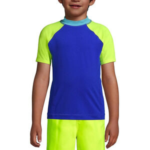 NWT Lands' End Rashguard Short Sleeve Swim Top Electric Blue Colorblock Boys XL